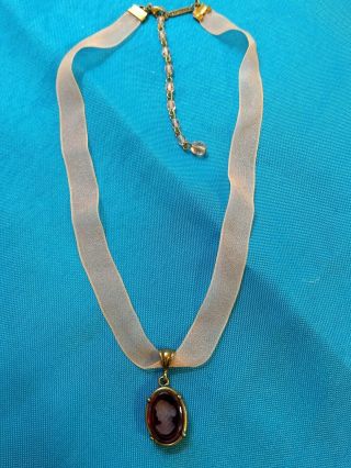 Vintage Extasia Intaglio Cameo Amethyst Glass Pendant Ribbon Necklace
