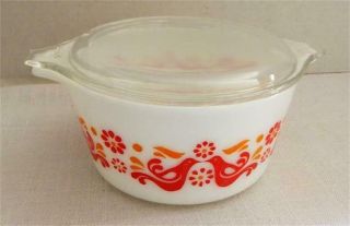 Vintage Pyrex 473 White Red Friendship Birds 1 Qt Casserole Dish With Clear Lid