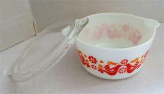 Vintage Pyrex 473 White Red Friendship Birds 1 Qt Casserole Dish With Clear Lid 2
