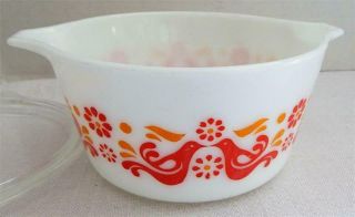 Vintage Pyrex 473 White Red Friendship Birds 1 Qt Casserole Dish With Clear Lid 3