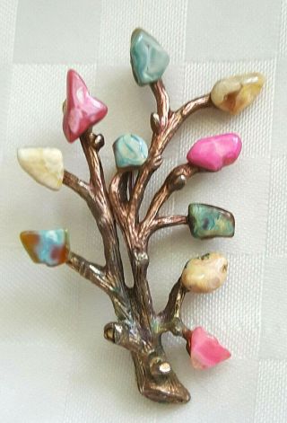 Vintage Tree Of Life Brooch Pin Raw Colorful Gemstones Brush Copper Brass Metal