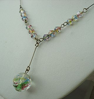 Vintage Necklace Art Deco Rainbow Iris Glass Bicones & Drop Bead On Square Wire