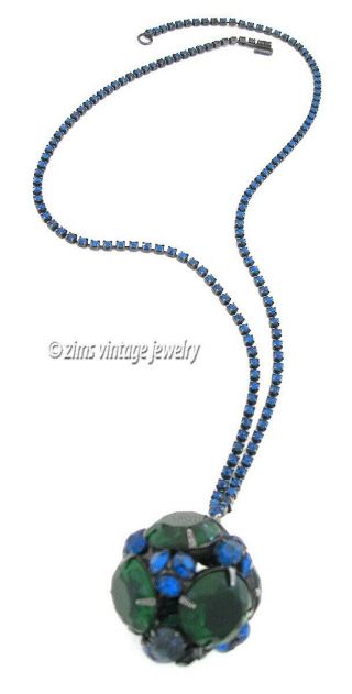 Vintage 60’s Modernist Gunmetal Blue Green Rhinestone Ball Pendant Long Necklace