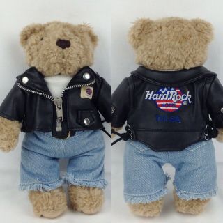Vtg Hard Rock Hotel Tulsa Stuffed Plush Bear Embroidered Faux Leather Jacket