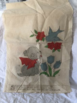 Vintage Vogart Dresser Scarf Puppy Bird Flowers Red Blue 13” X 42” Unfinished