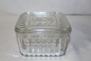 Vintage Clear Ribbed Glass 5 1/2” Square Pan Refrigerator Container With Lid