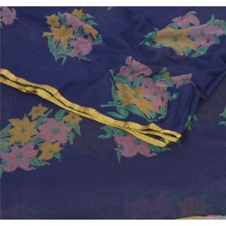 Sanskriti Vintage Blue Saree Printed Chiffon Silk Sari Craft 5 Yard Fabric 2