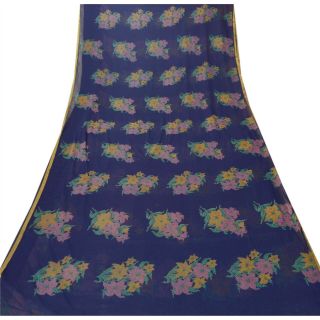 Sanskriti Vintage Blue Saree Printed Chiffon Silk Sari Craft 5 Yard Fabric 3