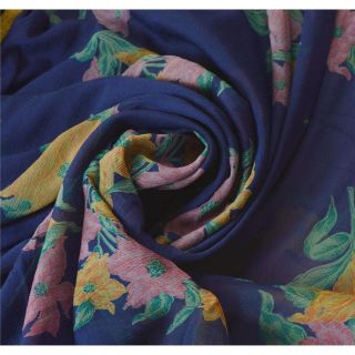 Sanskriti Vintage Blue Saree Printed Chiffon Silk Sari Craft 5 Yard Fabric 4