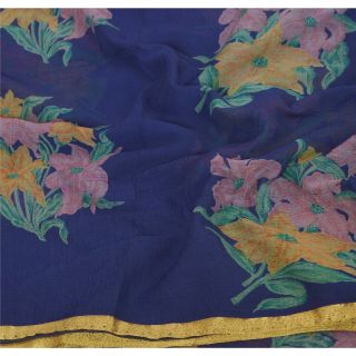 Sanskriti Vintage Blue Saree Printed Chiffon Silk Sari Craft 5 Yard Fabric 5