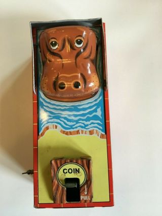 Vintage Hippo Coin Bank Wind - Up Tin Toy Yone Made In Japan Yonezawa