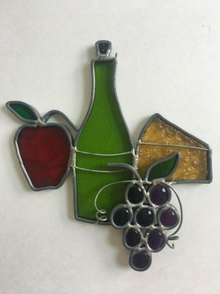 Vintage Stained Glass Wine Bottle With Grapes & Apple Suncatcher