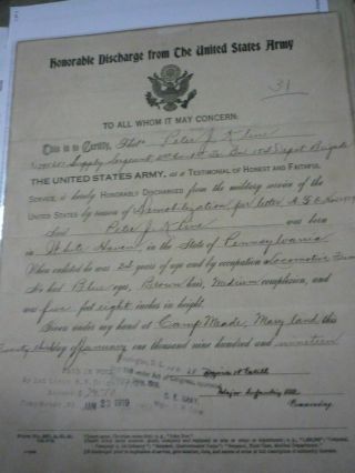 Vintage Wwi World War 1 Military Army Certificate Record Honorable Discharge