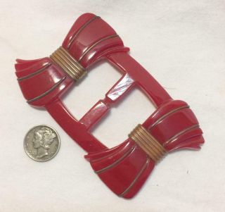 Gorgeous Big Vtg Carved & Decorated Cherry Red Bakelite Buckle