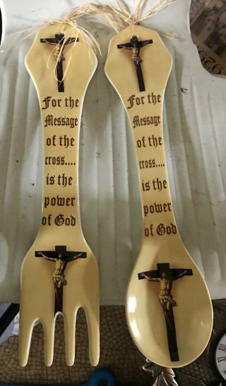 Vintage Religious Ceramic Fork And Spoon Wall Decor Hanging