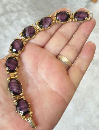 Stunning Vintage Jewellery Crafted Banded Amethyst Agate Gold Panel Bracelet