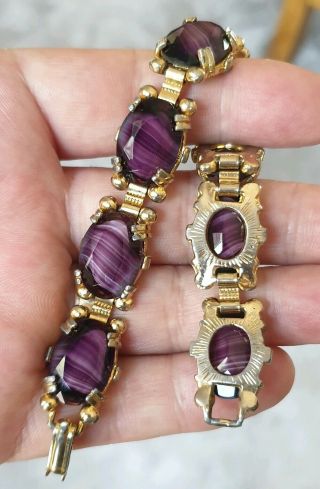 STUNNING VINTAGE JEWELLERY CRAFTED BANDED AMETHYST AGATE GOLD PANEL BRACELET 2