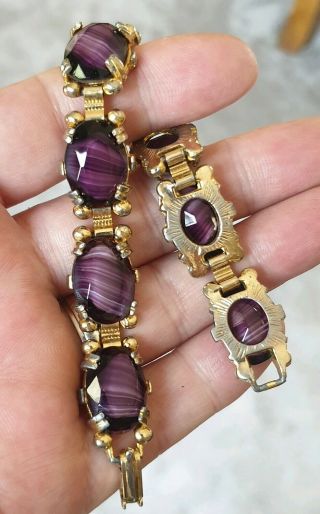 STUNNING VINTAGE JEWELLERY CRAFTED BANDED AMETHYST AGATE GOLD PANEL BRACELET 4