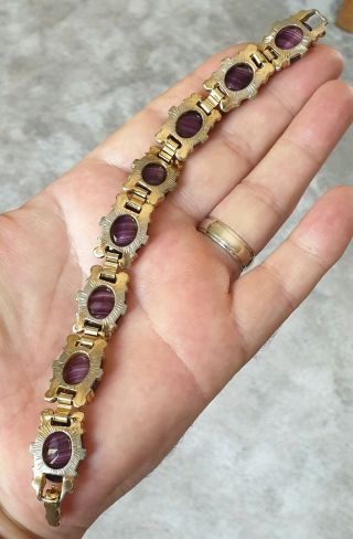 STUNNING VINTAGE JEWELLERY CRAFTED BANDED AMETHYST AGATE GOLD PANEL BRACELET 5