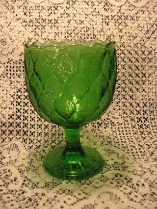 Pressed Green Glass Cup Planter Vase Pedestal Diamond Design Vtg