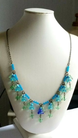 Czech Aqua/blue Glass Bead Flower Necklace Vintage Deco Style