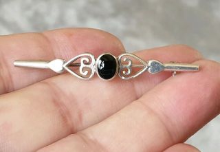 Vintage Art Deco Jewellery Sweetheart Crafted Onyx 925 Silver Bar Brooch Pin