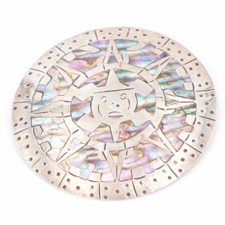Vtg Sterling Silver Mexico Abalone Mayan Sun Calendar Pendant Brooch Pin - 20.  5g