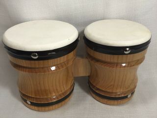 Set Of Vintage Bongo Drums Small 10 " Wide X 5 " Tall Wood Instrument W/ Skins
