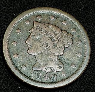 Vintage 1848 1 Cent Bn Braided Hair Large Cent Old Us Copper Coin