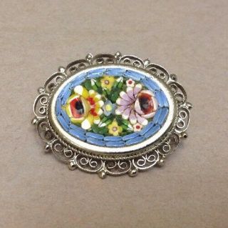 Vintage Micro Mosaic Brooch Pin Silver Tone Filigree Flowers Made In Italy