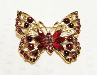 Vintage Signed Liz Claiborne Gold Tone And Red Crystal Butterfly Brooch Pin