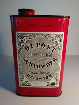 Vintage Dupont Superfine Gunpowder 1 Lb Tin Can Wilmington Delaware Empty