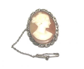 Vintage.  800 Silver Marcasite Set Cameo Brooch With Safety Chain,  5.  7g - R09