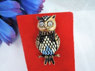 Vintage " Florenza " Google Eyed Enamel Owl Brooch Eyes Roll Sweet Design