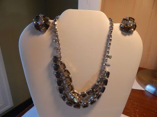 Vtg 1940s 50s Three Piece Rhinestone Necklace Earring Set Light Gray 1 Missing