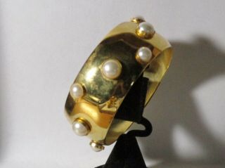 Vintage Gold - Tone Metal Faux Pearl Wide Bangle Bracelet