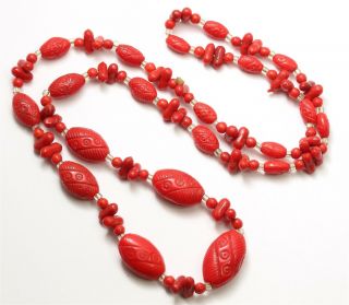 Vintage Art Deco Era Ornate Czech Pressed Red Glass Bead Necklace 22 "