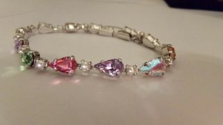 Vtg B.  David Cut Aurora Borealis Crystal Rhinestone Silver Rhodium Bracelet 7 ",