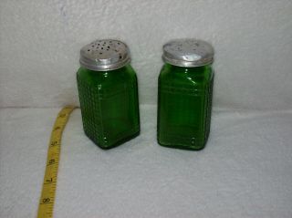 Vintage Owens Illinois Toledo Ohio Green Glass Salt & Pepper Shakers Metal Lids