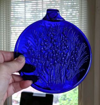 Vintage Cobalt Blue Pressed Glass Sun Catcher With Blue Bell Flowers