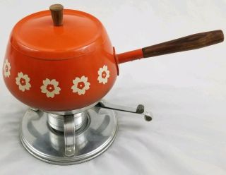 Vintage Orange Enamel Fondue Pot Metal Stand And Burner Wood Handles