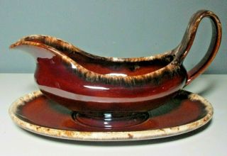 Euc Vintage Hull Usa Oven Proof Brown Drip Glaze Gravy Boat With Underplate