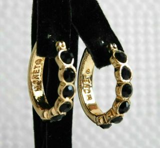Vtg Monet Signed Black Crystals Gold Plated Hoops 1 " Pierced Dangle Earrings F22