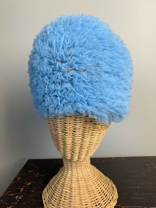 Vintage Swim Cap Hat Blue Ruffles 50s 60s One Size Retro