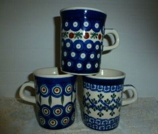 Vintage Coffee Mugs Cups Boleslawiec 3 Hand Made In Poland Polish Pottery