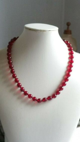 Czech Vintage Art Deco Hand Knotted Ruby Red Glass Bead Necklace