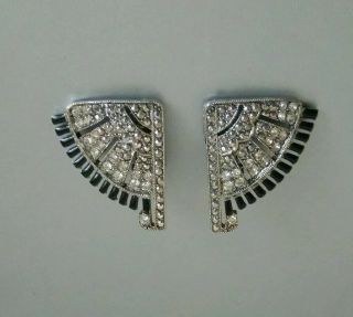 Vintage Art Deco Rhinestone And Black Onyx Clip Earrings Unique