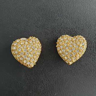 Signed Joan Rivers Vintage Gold Tone Heart Crystal Rhinestone Clip Earrings Q13