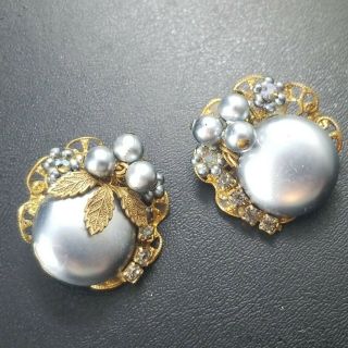 Vintage Gold Tone Blue Ab Rhinestone Faux Pearl Flower Chunky Clip Earrings U12