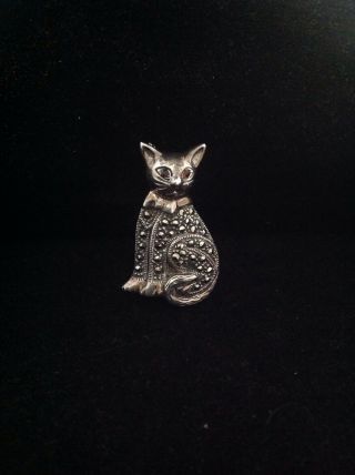 Vintage Sterling Silver & Marcasite Cat Pin With Red Stone Eyes